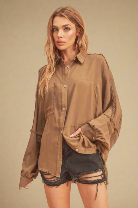 AEMI+CO - Mocha Frayed Oversized Button Down Shirt