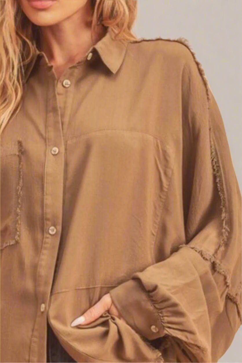 AEMI+CO - Mocha Frayed Oversized Button Down Shirt