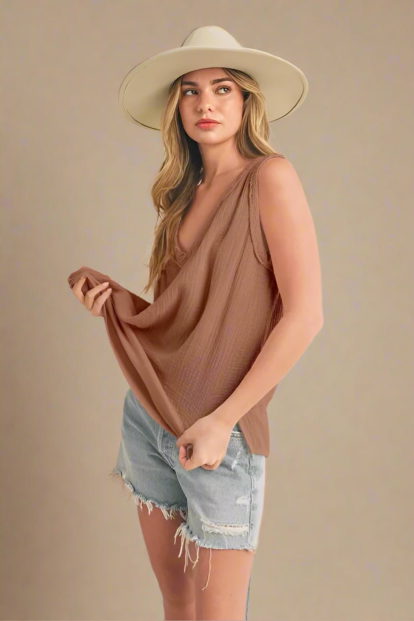 AEMI+CO - Mocha Gauze V - Neck Tank
