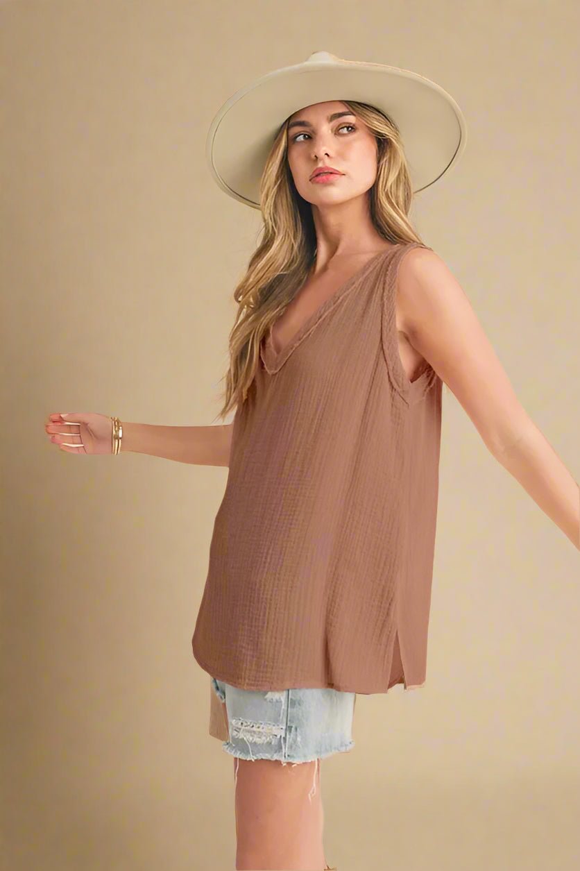 AEMI+CO - Mocha Gauze V - Neck Tank