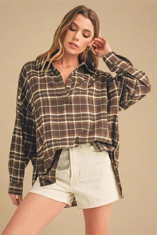 AEMI+CO - Mocha Plaid Popover Flannel