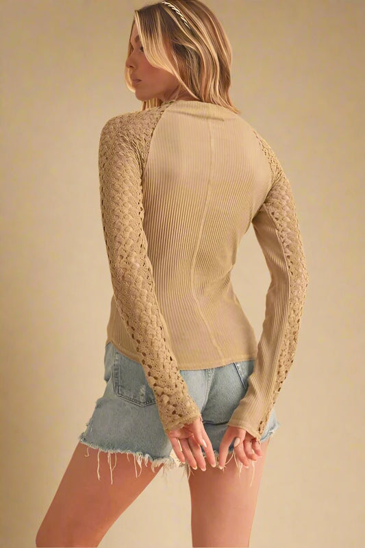 AEMI+CO - Mocha Ribbed Knit Top with Crochet Lace Sleeves