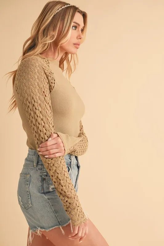 AEMI+CO - Mocha Ribbed Knit Top with Crochet Lace Sleeves