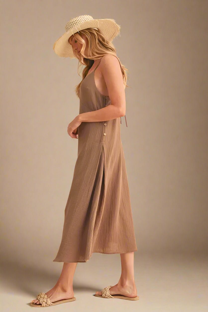 AEMI+CO - Mocha Side Button Lace - Up Midi Dress