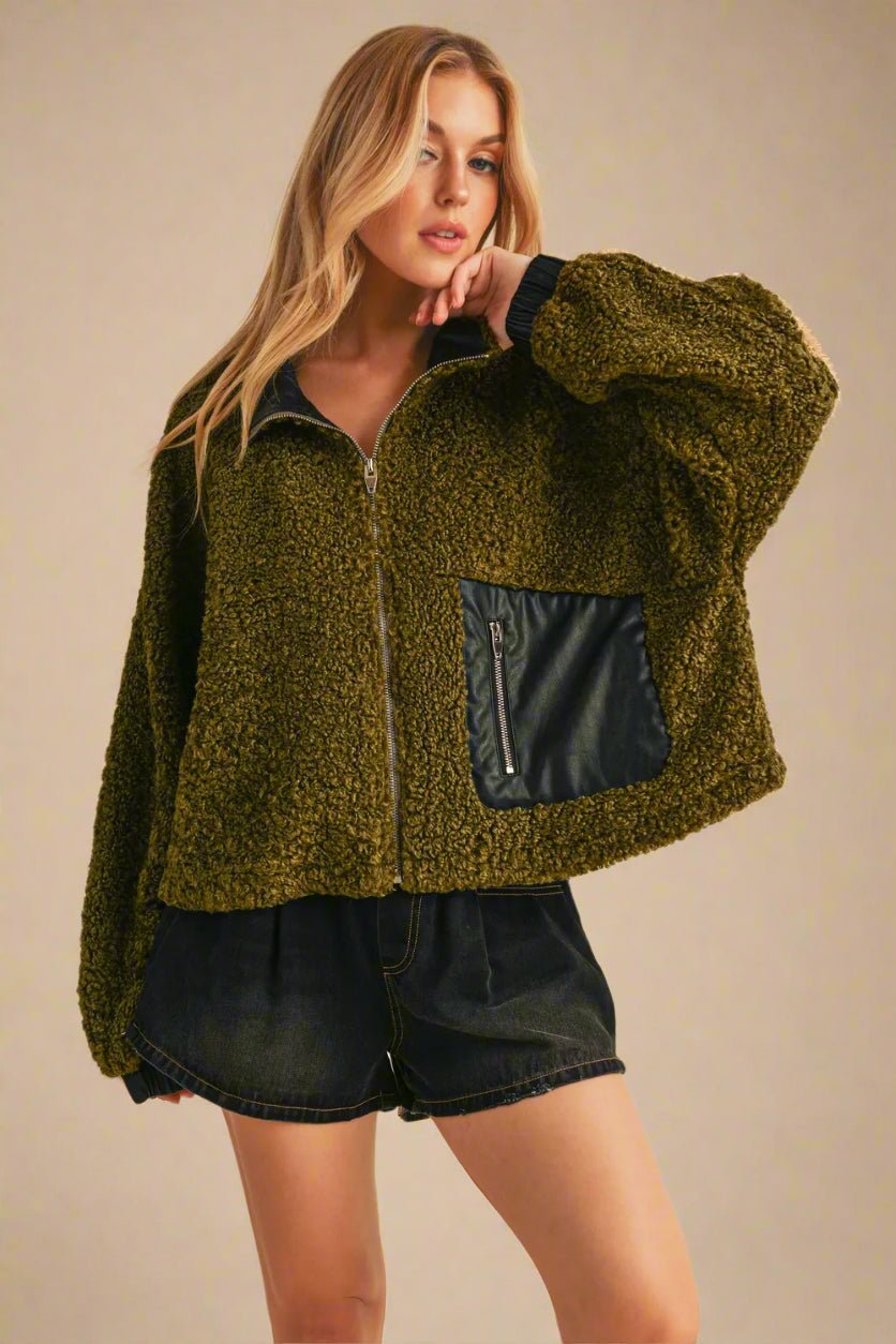 AEMI+CO - Moss + Midnight Sherpa Zip Jacket