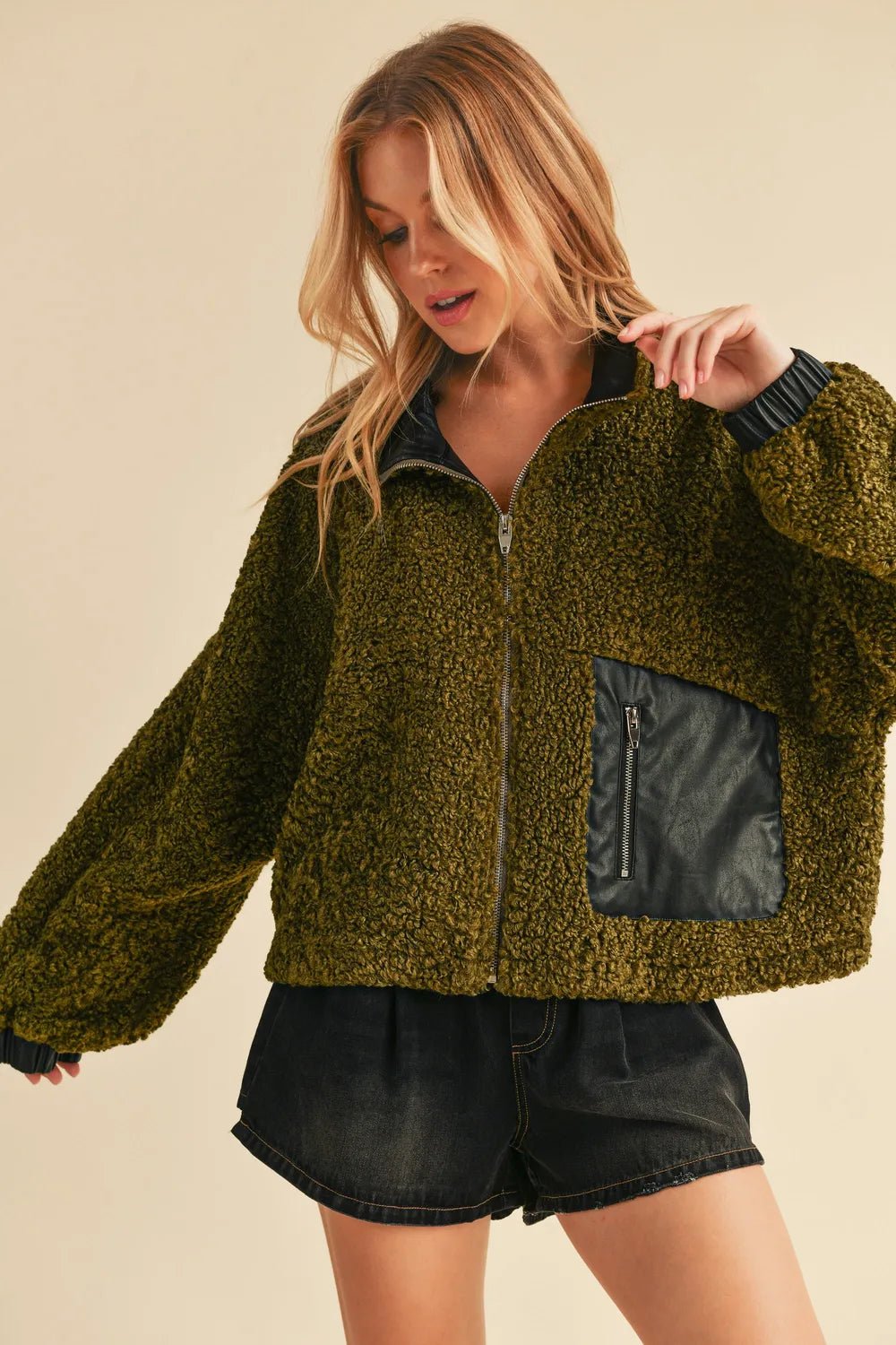 AEMI+CO - Moss + Midnight Sherpa Zip Jacket