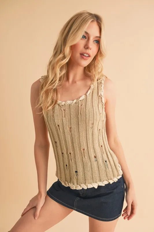 AEMI+CO - Natural Knit Distressed Tank with Braided Trim
