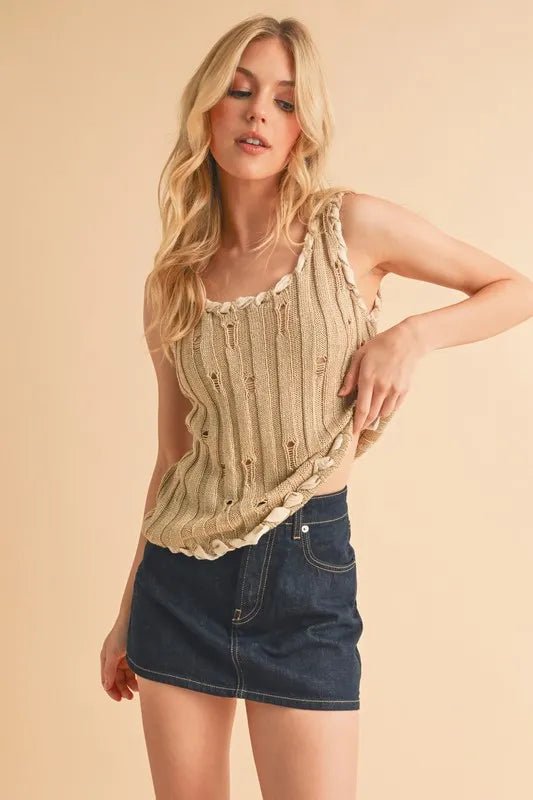 AEMI+CO - Natural Knit Distressed Tank with Braided Trim