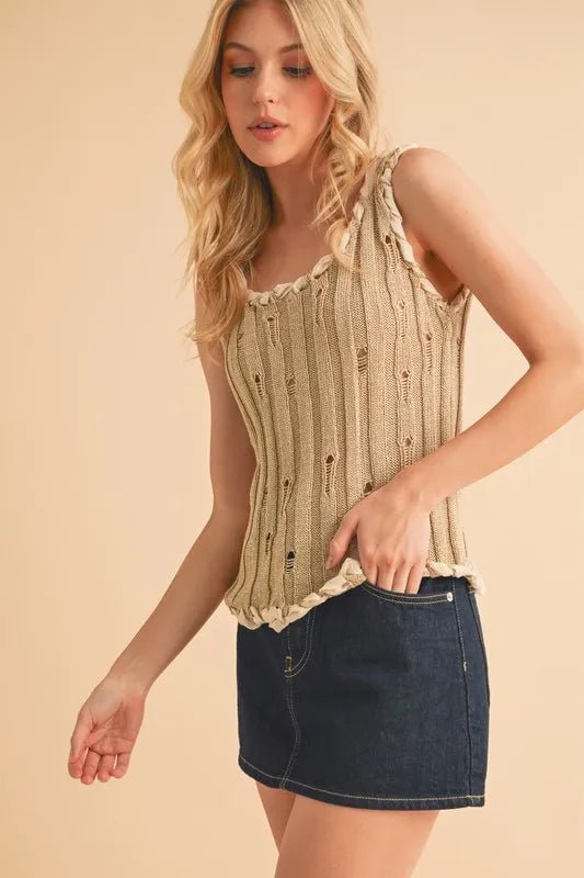 AEMI+CO - Natural Knit Distressed Tank with Braided Trim