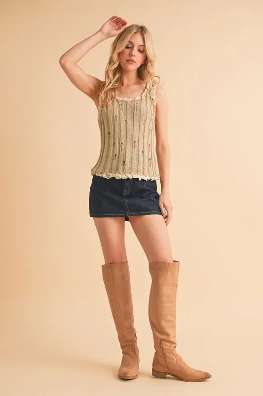 AEMI+CO - Natural Knit Distressed Tank with Braided Trim