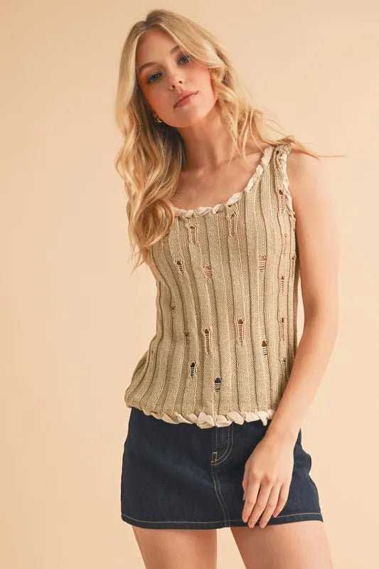 AEMI+CO - Natural Knit Distressed Tank with Braided Trim