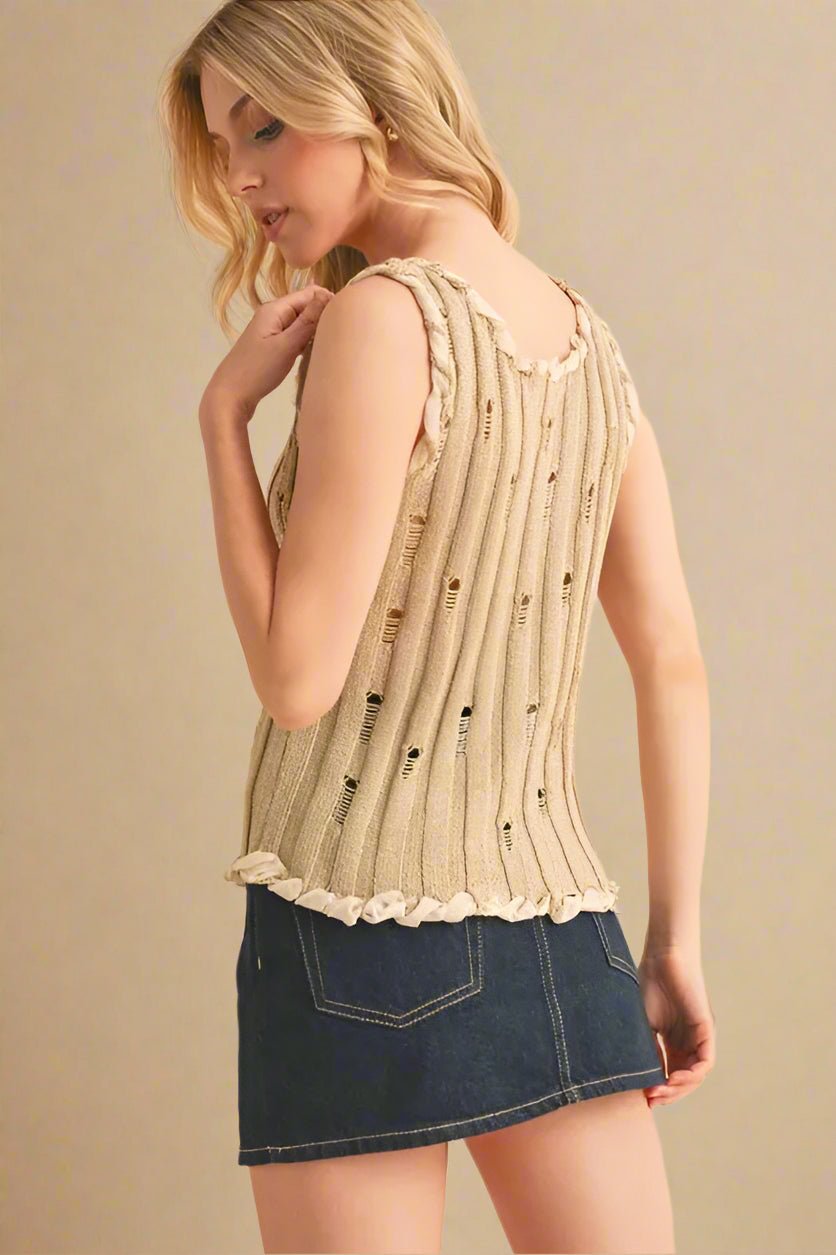 AEMI+CO - Natural Knit Distressed Tank with Braided Trim