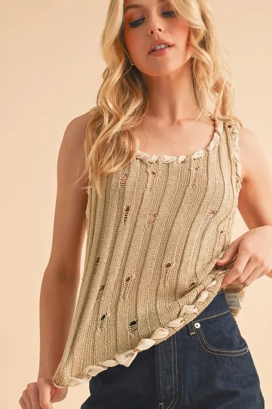 AEMI+CO - Natural Knit Distressed Tank with Braided Trim