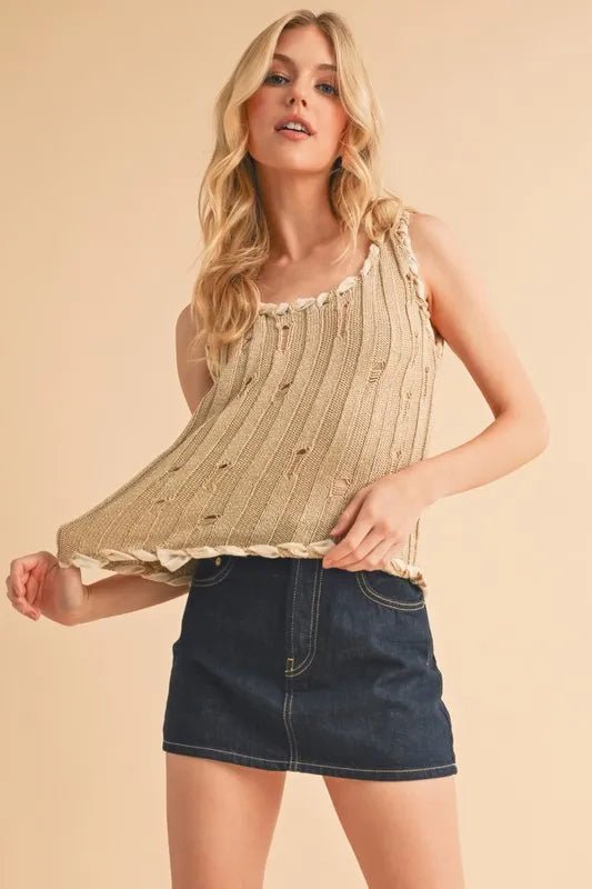 AEMI+CO - Natural Knit Distressed Tank with Braided Trim