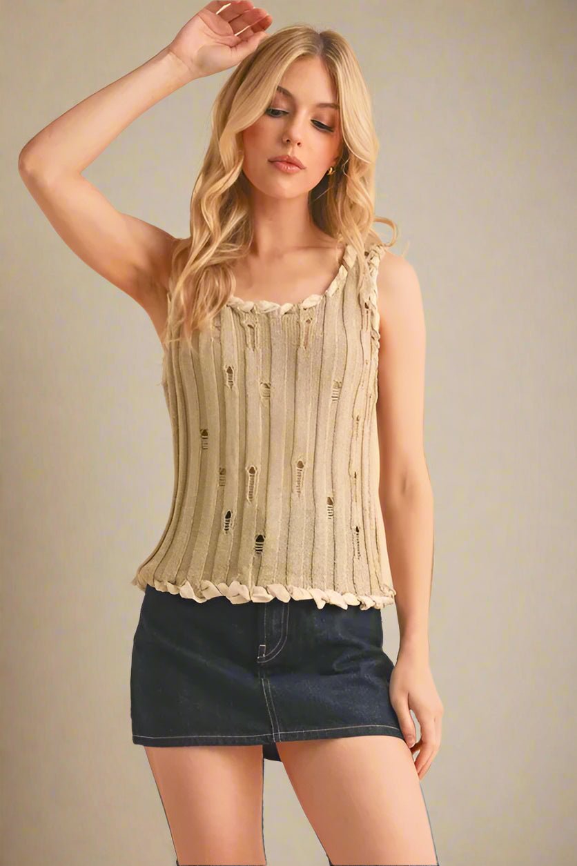 AEMI+CO - Natural Knit Distressed Tank with Braided Trim