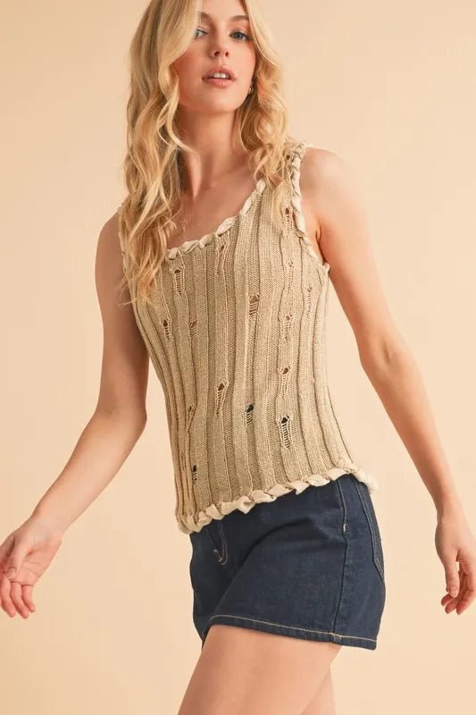 AEMI+CO - Natural Knit Distressed Tank with Braided Trim