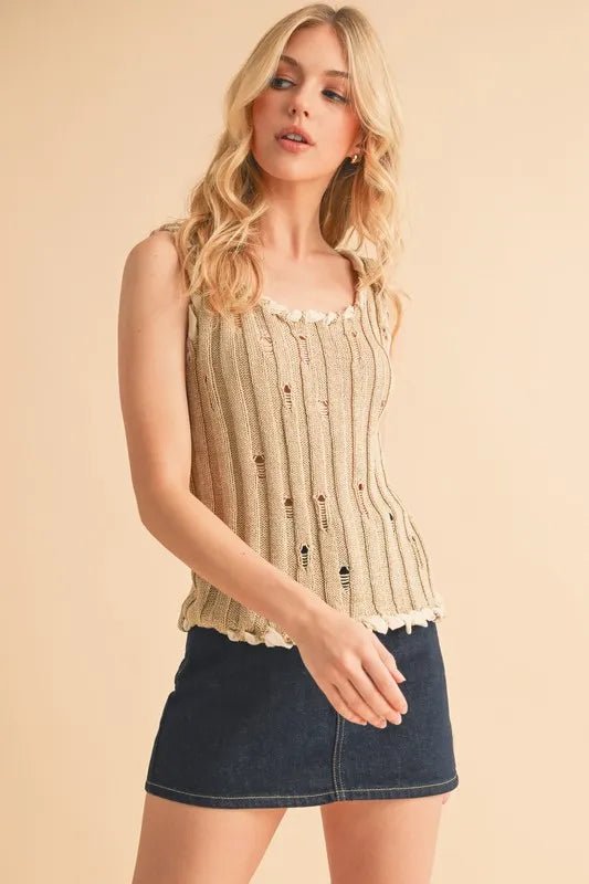 AEMI+CO - Natural Knit Distressed Tank with Braided Trim