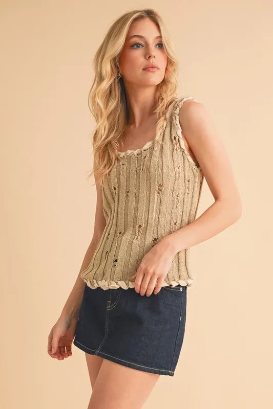 AEMI+CO - Natural Knit Distressed Tank with Braided Trim