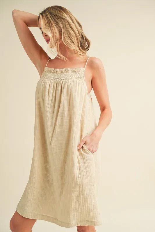 AEMI+CO - Natural Smocked Babydoll Mini Dress