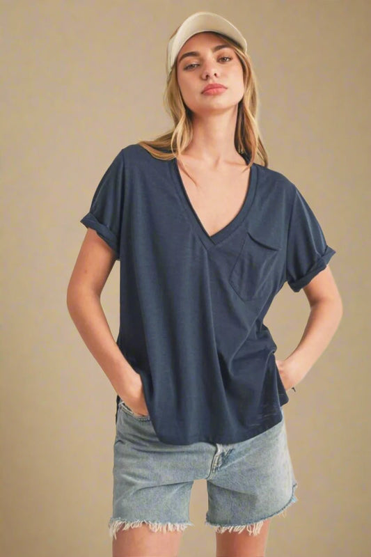 AEMI+CO - Navy V - Neck Pocket Tee