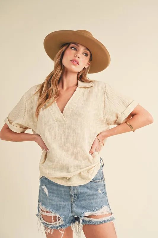 AEMI+CO - Oat Textured Gauze Collared Short Sleeve Top