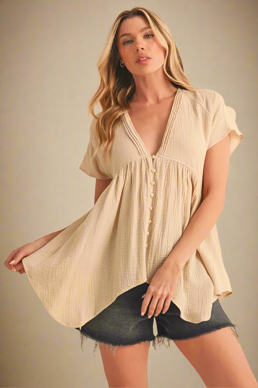 AEMI+CO - Oatmeal Button Front Gauze Babydoll Top