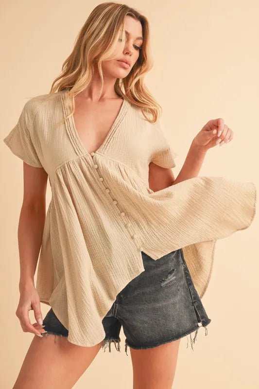 AEMI+CO - Oatmeal Button Front Gauze Babydoll Top