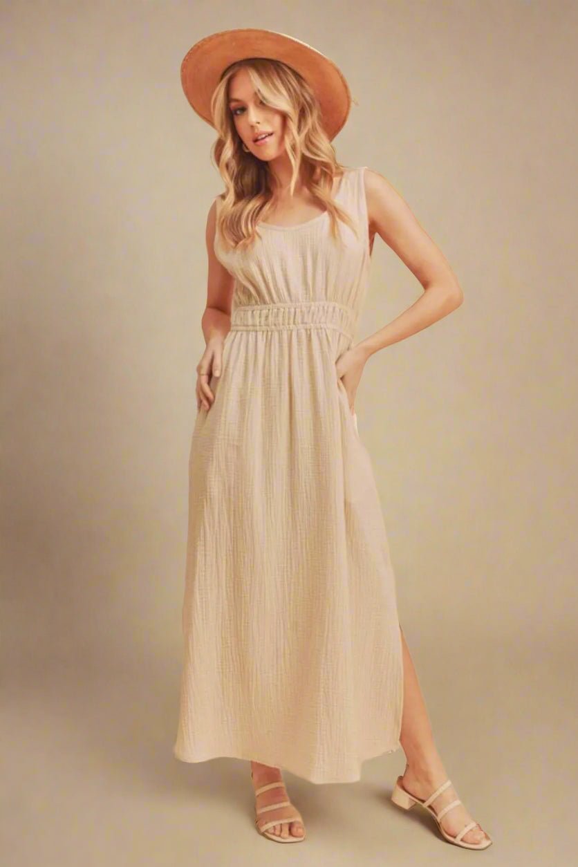 AEMI+CO - Oatmeal Smocked Waist Midi Dress