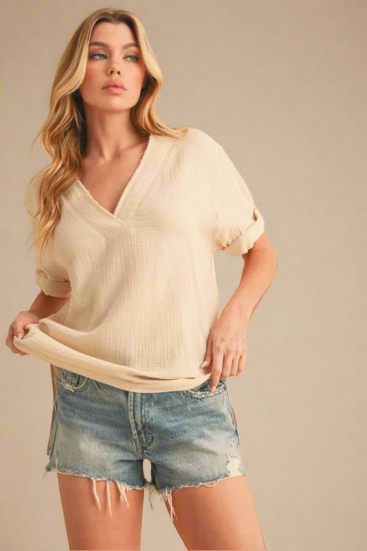 AEMI+CO - Oatmeal Textured V - Neck Blouse
