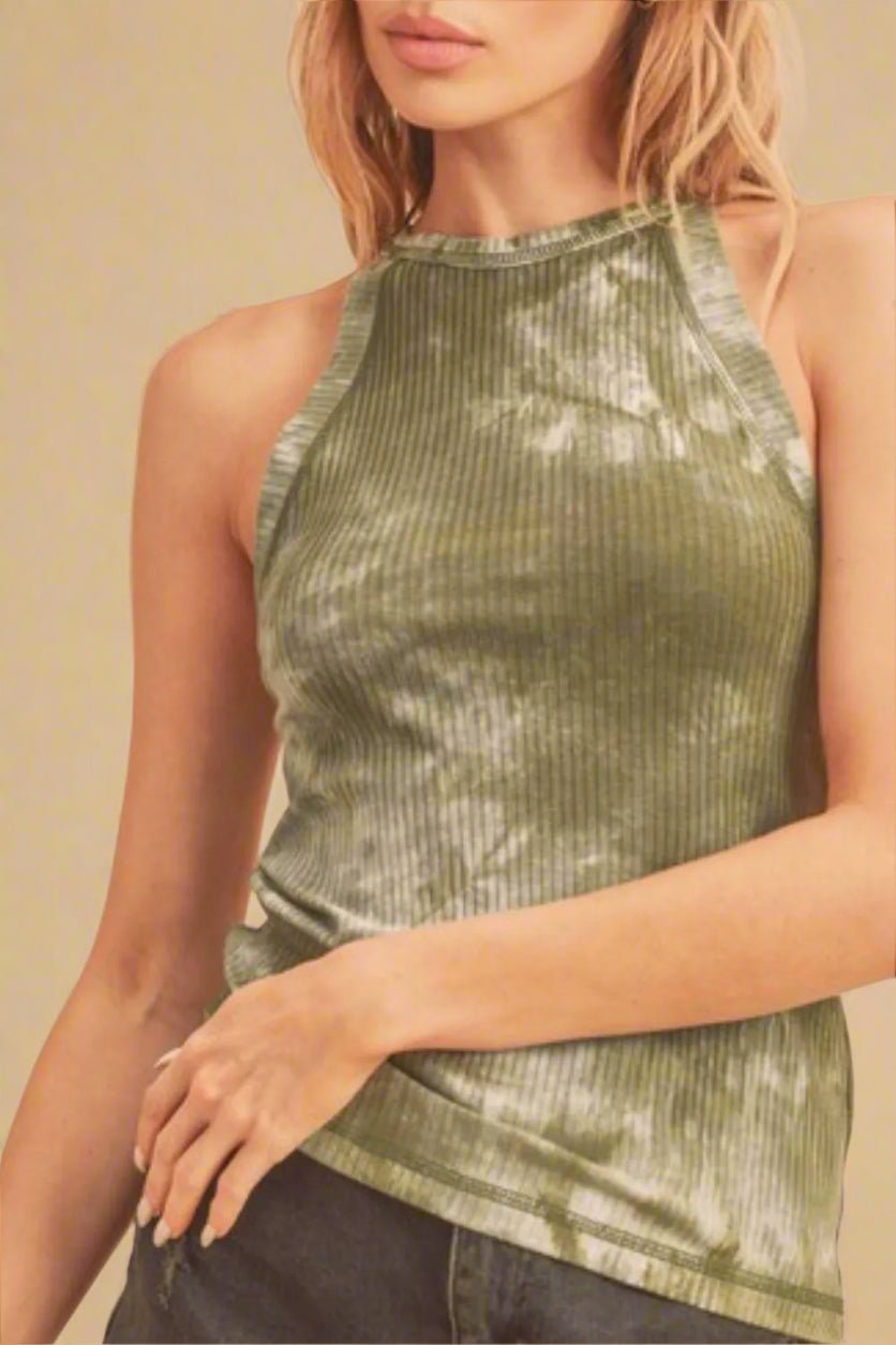 AEMI+CO - Olive & White Tie - Dye Ribbed Halter Tank