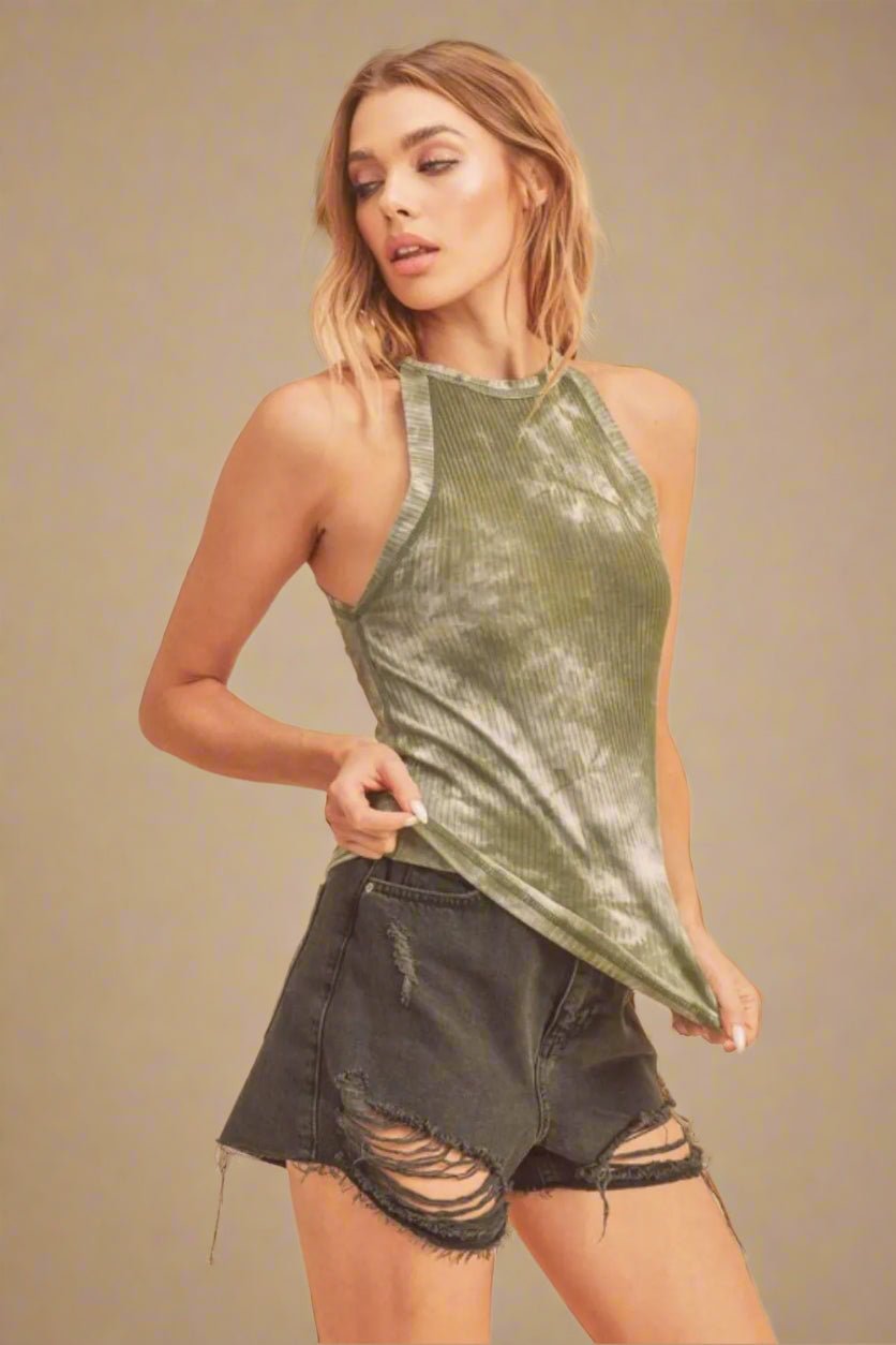 AEMI+CO - Olive & White Tie - Dye Ribbed Halter Tank