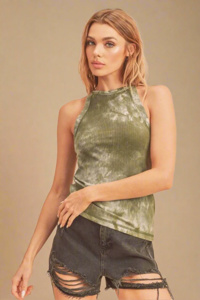 AEMI+CO - Olive & White Tie - Dye Ribbed Halter Tank