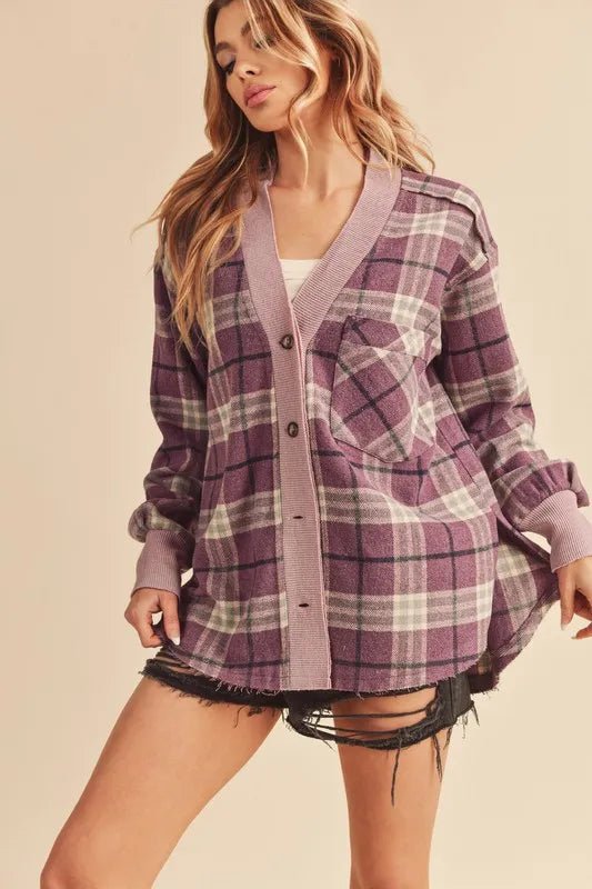 AEMI+CO - Plum Plaid Button - Up Shacket with Ribbed Trim