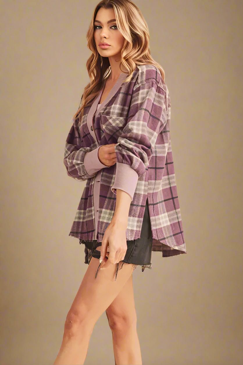 AEMI+CO - Plum Plaid Button - Up Shacket with Ribbed Trim