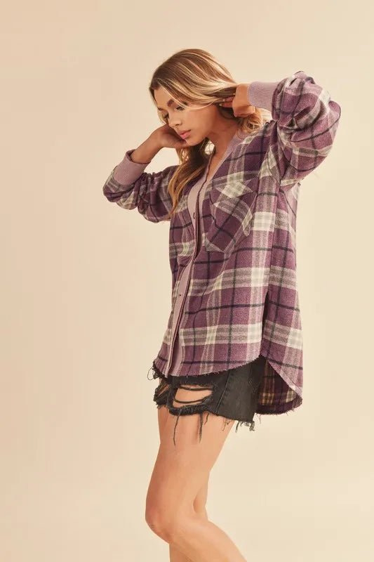 AEMI+CO - Plum Plaid Button - Up Shacket with Ribbed Trim