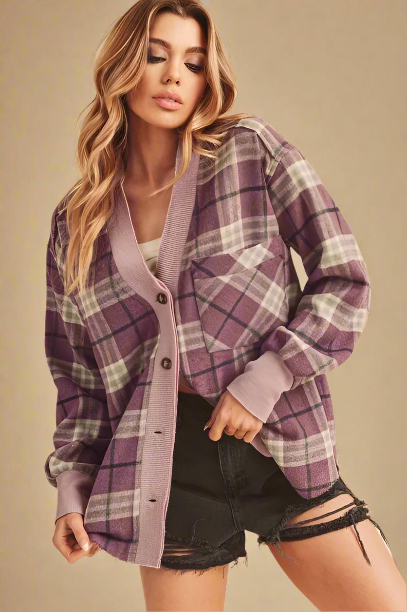 AEMI+CO - Plum Plaid Button - Up Shacket with Ribbed Trim