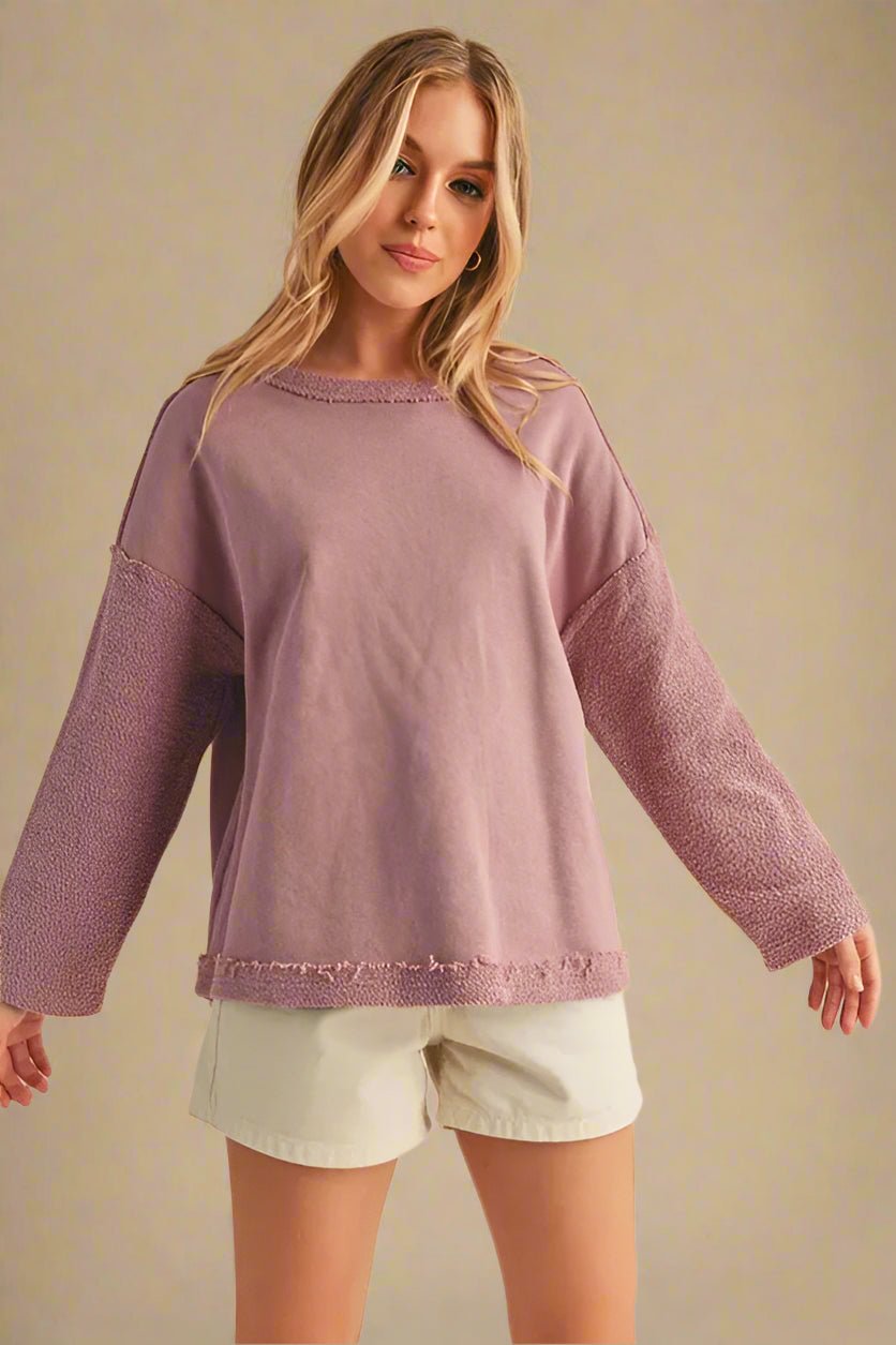 AEMI+CO - Raw Edge Textured Pullover Sweatshirt in Mauve Rose