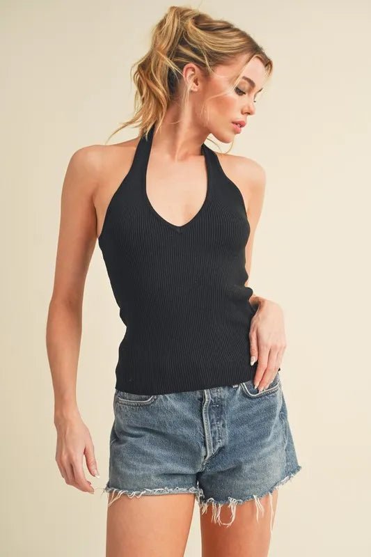 AEMI+CO - Ribbed Halter Knit Tank – Black
