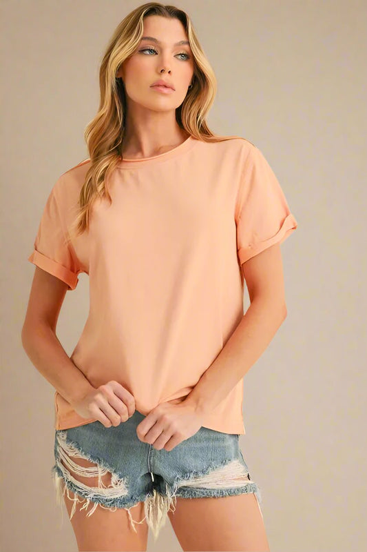 AEMI+CO - Rolled Sleeve Tee in Soft Apricot