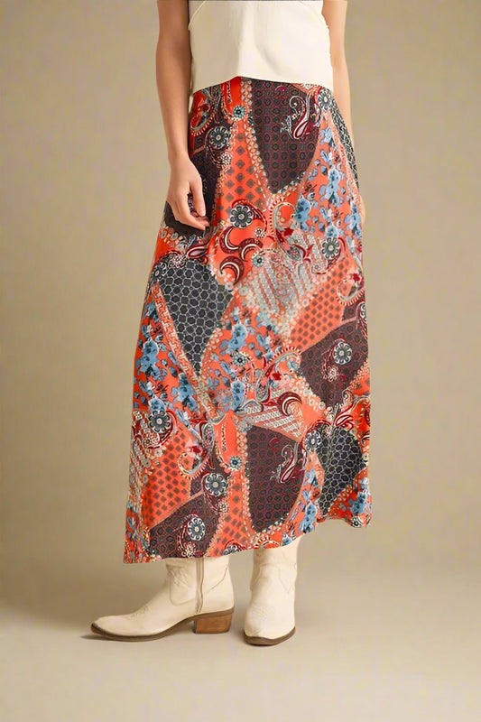 AEMI+CO - Rust & Teal Patchwork Boho Maxi Skirt