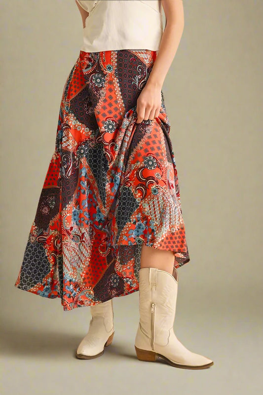 AEMI+CO - Rust & Teal Patchwork Boho Maxi Skirt