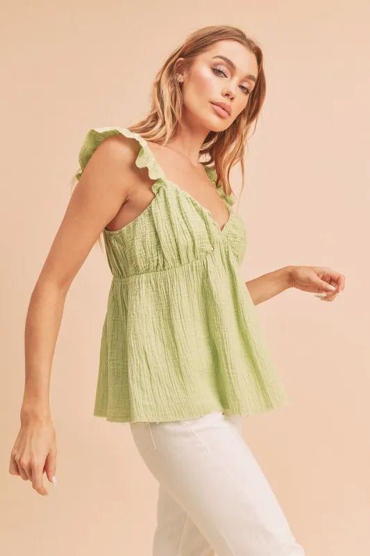 AEMI+CO - Sage Green Ruffle Strap Babydoll Top