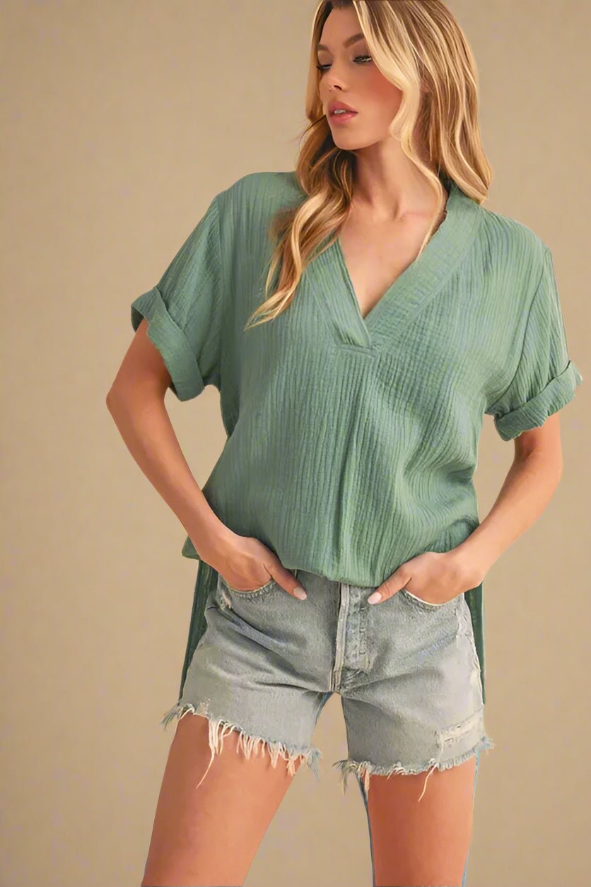 AEMI+CO - Sage Textured V - Neck Top