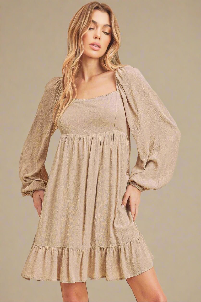AEMI+CO - Sandstone Puff Sleeve Babydoll Mini Dress