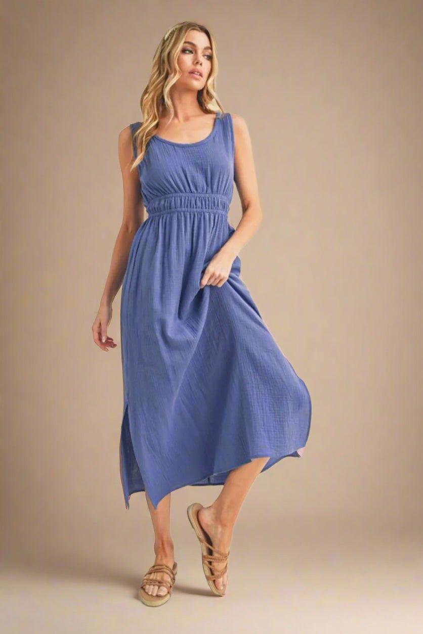 AEMI+CO - Slate Blue Smocked Waist Midi Dress