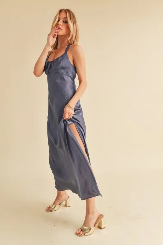 AEMI+CO - Slate Blue Tie - Back Halter Maxi Dress