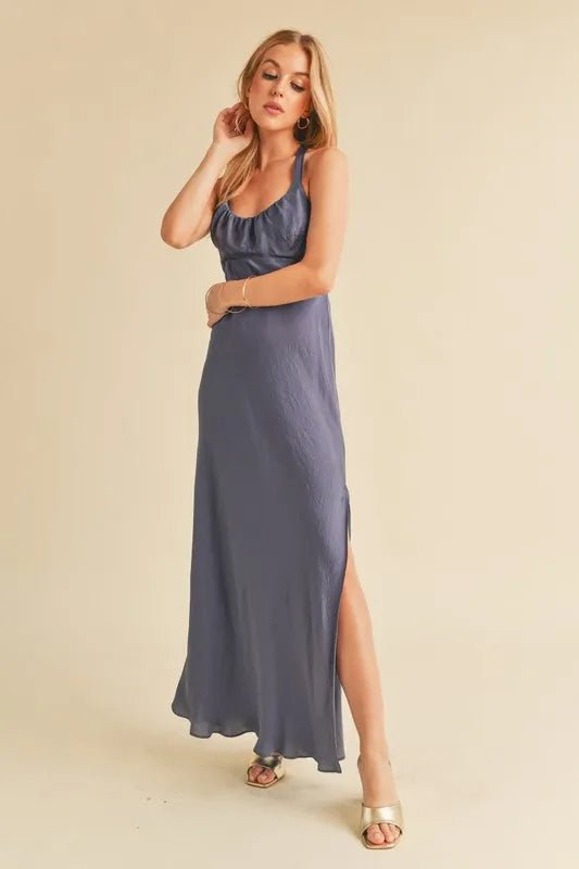 AEMI+CO - Slate Blue Tie - Back Halter Maxi Dress