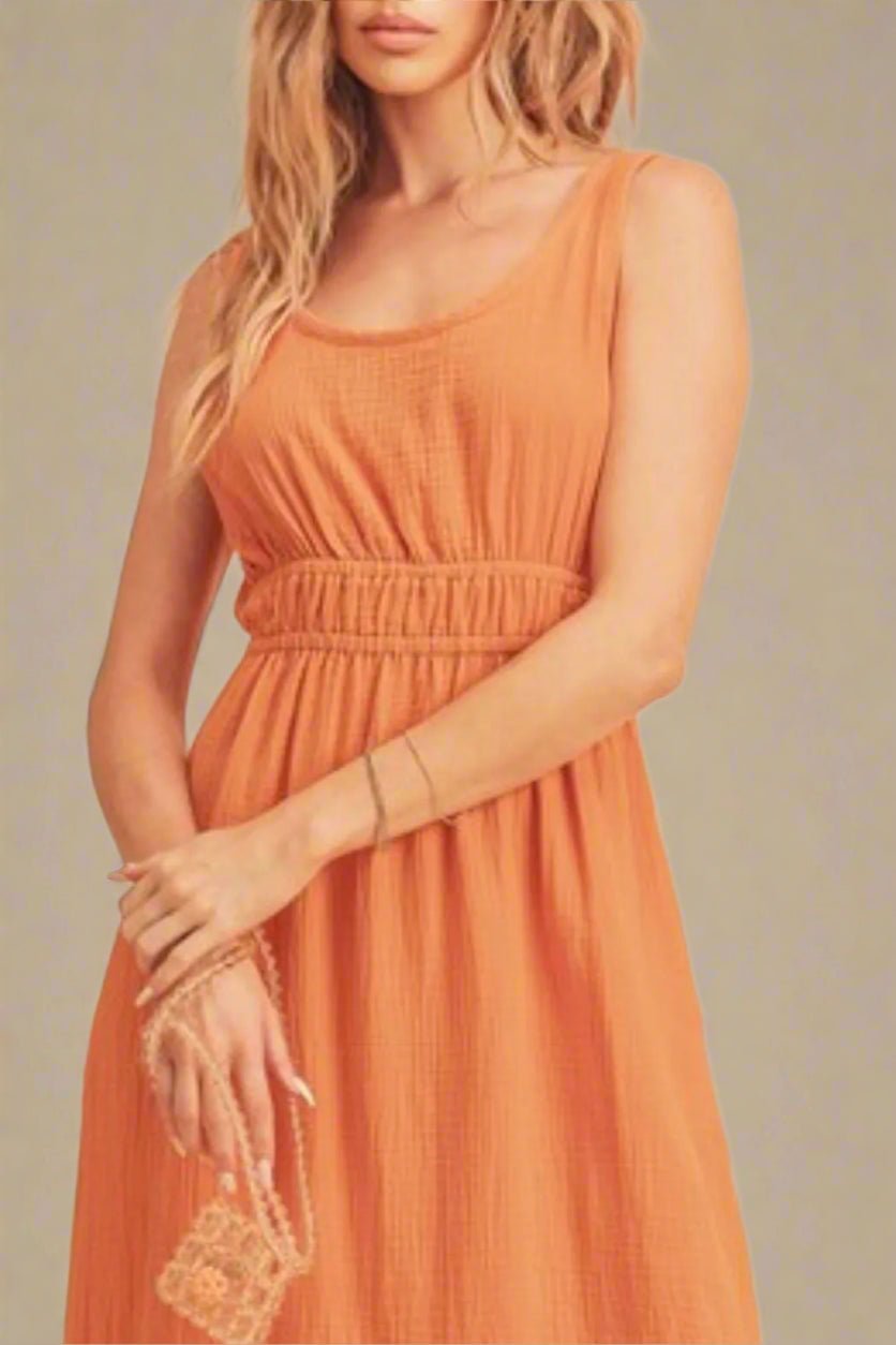 AEMI+CO - Tangerine Smocked Waist Midi Dress