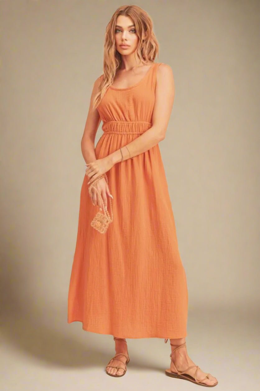 AEMI+CO - Tangerine Smocked Waist Midi Dress