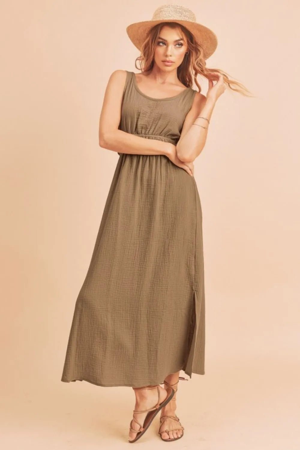 AEMI+CO - Taupe Smocked Waist Midi Dress